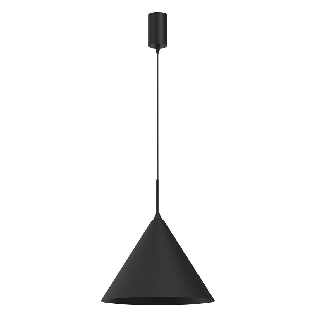 Lampa wisząca Capital D32 w kolorze czarnym z kloszem w kształcie stożka. Posiada jedno gniazdo GX53. Ujęcie frontalne, zawieszona na cienkim przewodzie, z okrągłym uchwytem sufitowym. Tło jednolite, białe.
