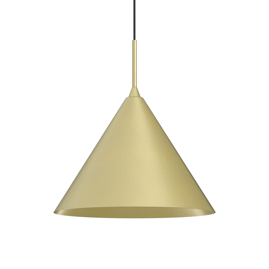 Lampa wisząca Capital D32 w kształcie stożka, wykonana z metalu w kolorze złotym, zawieszona na czarnym przewodzie. Posiada miejsce na jedną żarówkę GX53. Prosty, nowoczesny design, idealna do różnych wnętrz.