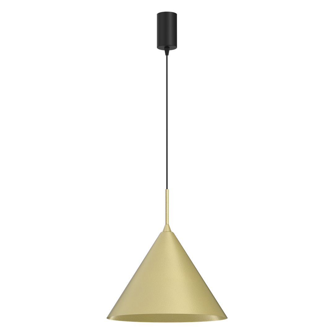 Lampa wisząca Capital D32 w kolorze czarnym i złotym, wykonana z metalu. Posiada stożkowaty klosz w złotym odcieniu, zwisający na czarnym przewodzie. Montaż sufitowy, idealna do nowoczesnych wnętrz.