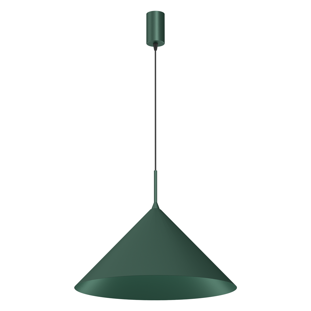 Lampa wisząca Capital D46 w butelkowej zieleni, z metalowym kloszem w kształcie stożka. Umożliwia montaż jednej żarówki GX53. Produkt zawieszony na cienkim przewodzie, z zamocowaniem sufitowym w tej samej kolorystyce.