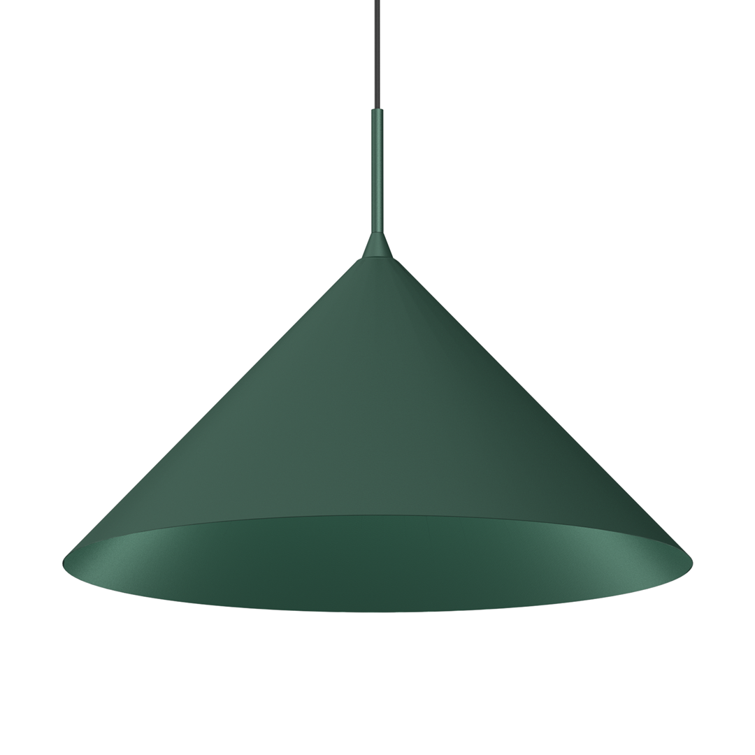 Lampa wisząca Capital D46 w butelkowej zieleni, o kształcie stożkowym, z jednym miejscem na żarówkę GX53. Zawieszona na cienkim, czarnym przewodzie, prezentuje minimalistyczny design, idealna do nowoczesnych wnętrz.