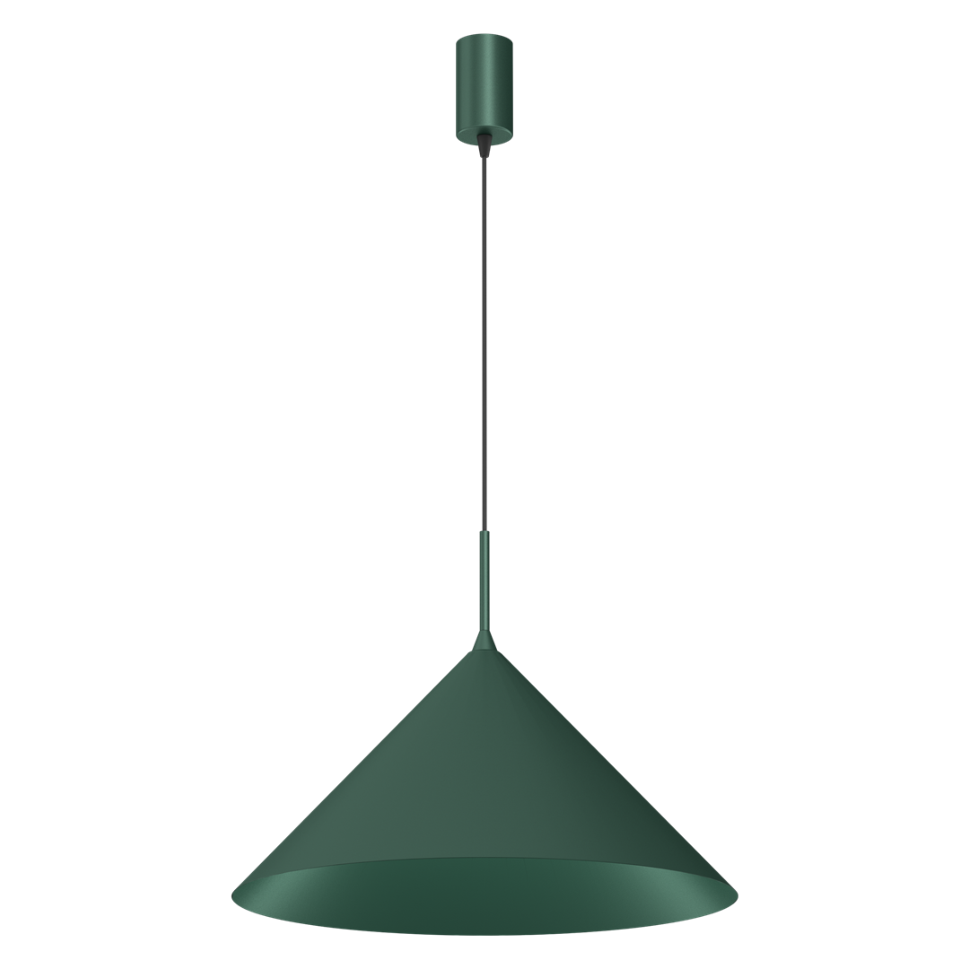 Lampa wisząca Capital D46 w butelkowej zieleni, z metalowym kloszem w kształcie stożka. Zawieszona na cienkim, czarnym przewodzie, z gniazdem GX53. Prosty, nowoczesny design, idealna do różnych wnętrz.