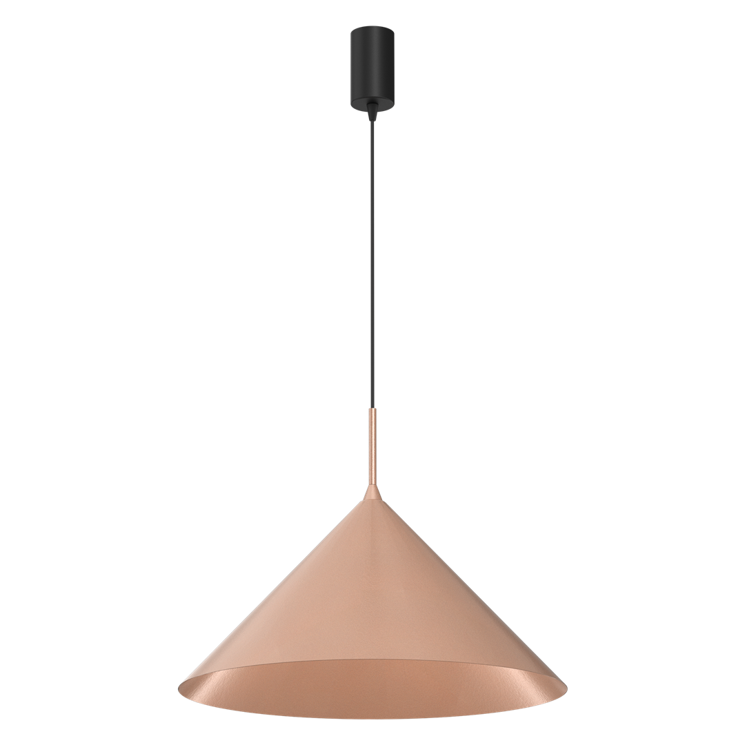 Lampa wisząca Capital D46 z kloszem w kształcie stożka, wykonana z miedzi w kolorze metalicznym, zawieszona na czarnym kablu. Prosta konstrukcja z czarnym mocowaniem sufitowym, idealna do nowoczesnych wnętrz.