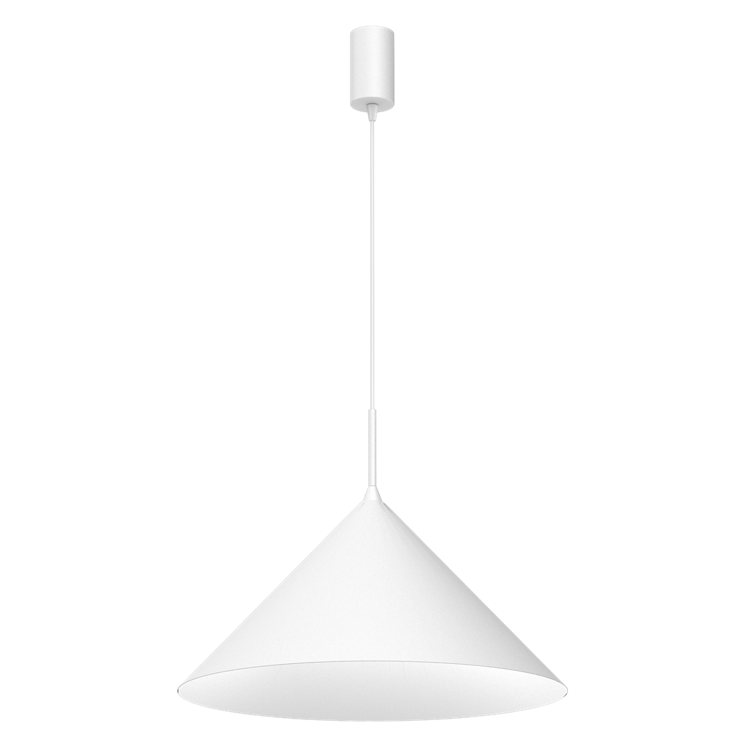 Biała lampa wisząca Capital D46 z kloszem w kształcie stożka, zawieszona na cienkim przewodzie. E27, minimalistyczny design, idealna do nowoczesnych wnętrz. Ujęcie frontalne na jednolitym tle.