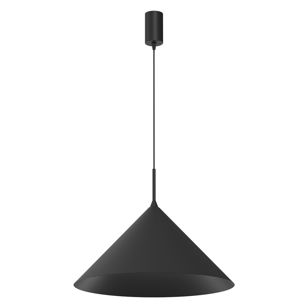 Lampa wisząca Capital D46 w kolorze czarnym, z metalowym kloszem w kształcie stożka. Ujęcie z przodu, zawieszona na cienkim przewodzie. Idealna do nowoczesnych wnętrz, z miejscem na żarówkę GX53.