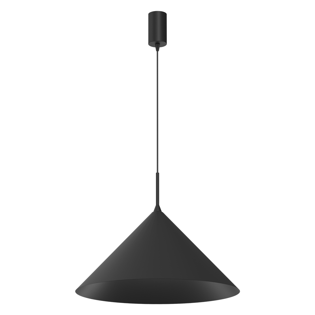 Czarna lampa wisząca Capital D46 z jednym gniazdem GX53. Posiada stożkowy klosz, zawieszony na cienkim przewodzie. Ujęcie z przodu, pokazujące minimalistyczny design oraz górną część mocującą. Idealna do nowoczesnych wnętrz.