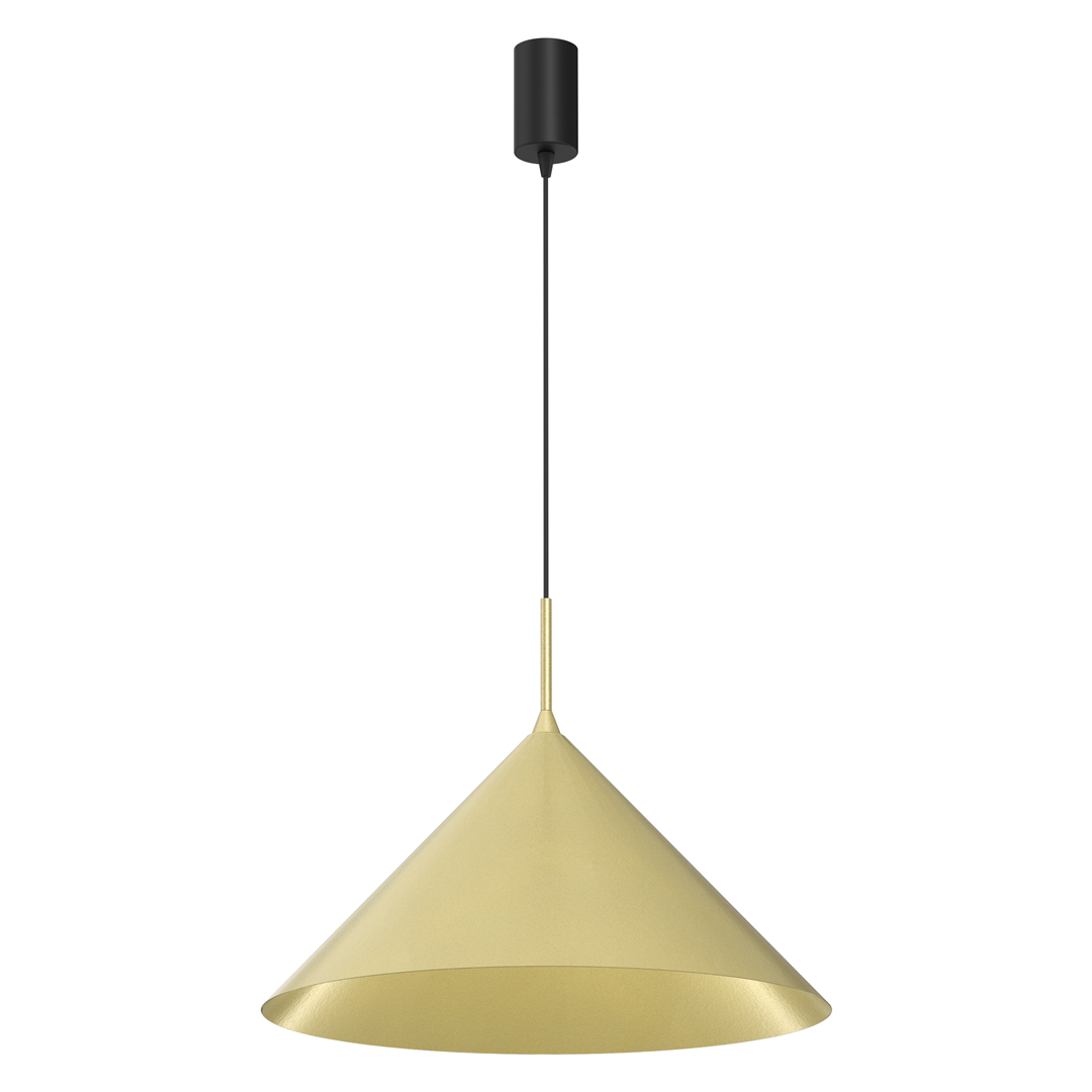 Czarna lampa wisząca Capital D46 z kloszem w kształcie stożka w kolorze złotym. Umożliwia montaż żarówki GX53. Zawieszona na cienkim przewodzie, prezentuje nowoczesny design.