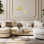 Lampa wisząca Capital D46, 1xGX53, w kolorze czarnym i złotym, o stożkowatym kształcie. Zawieszona w eleganckim wnętrzu z jasnymi kanapami i okrągłym stolikiem kawowym, tworzy nowoczesny akcent. Idealna do aranżacji salonu.