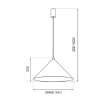 Lampa wisząca Capital D46 z żarnikiem GX53, o średnicy 460 mm i wysokości regulowanej od 350 do 1000 mm. Kształt stożkowy w kolorze czarnym z złotym wnętrzem, zawieszona na cienkim przewodzie.