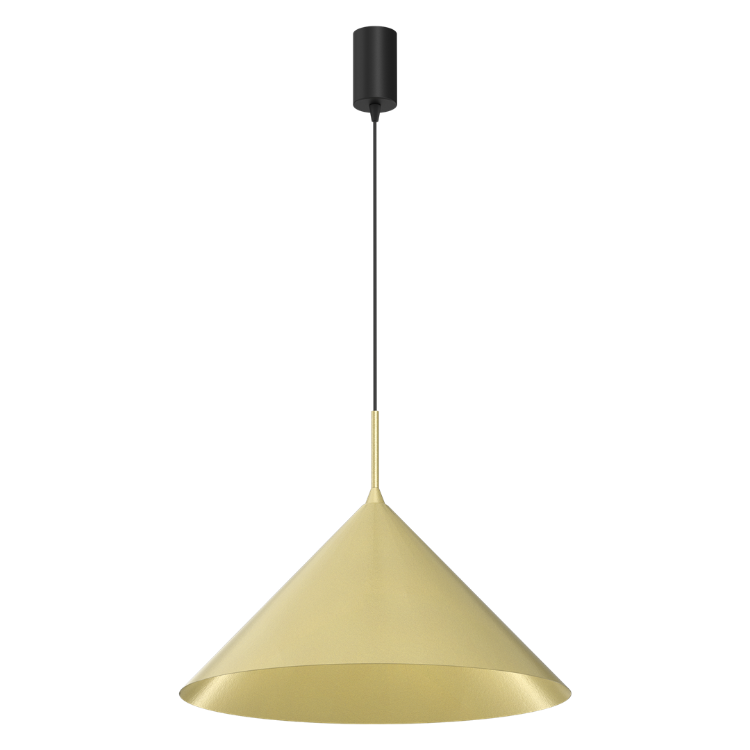 Lampa wisząca Capital D46 w kształcie stożka, w kolorze czarnym i złotym. Wyposażona w pojedynczy gwint GX53. Długi, czarny przewód zawieszenia prowadzi do okrągłej podstawy sufitowej.
