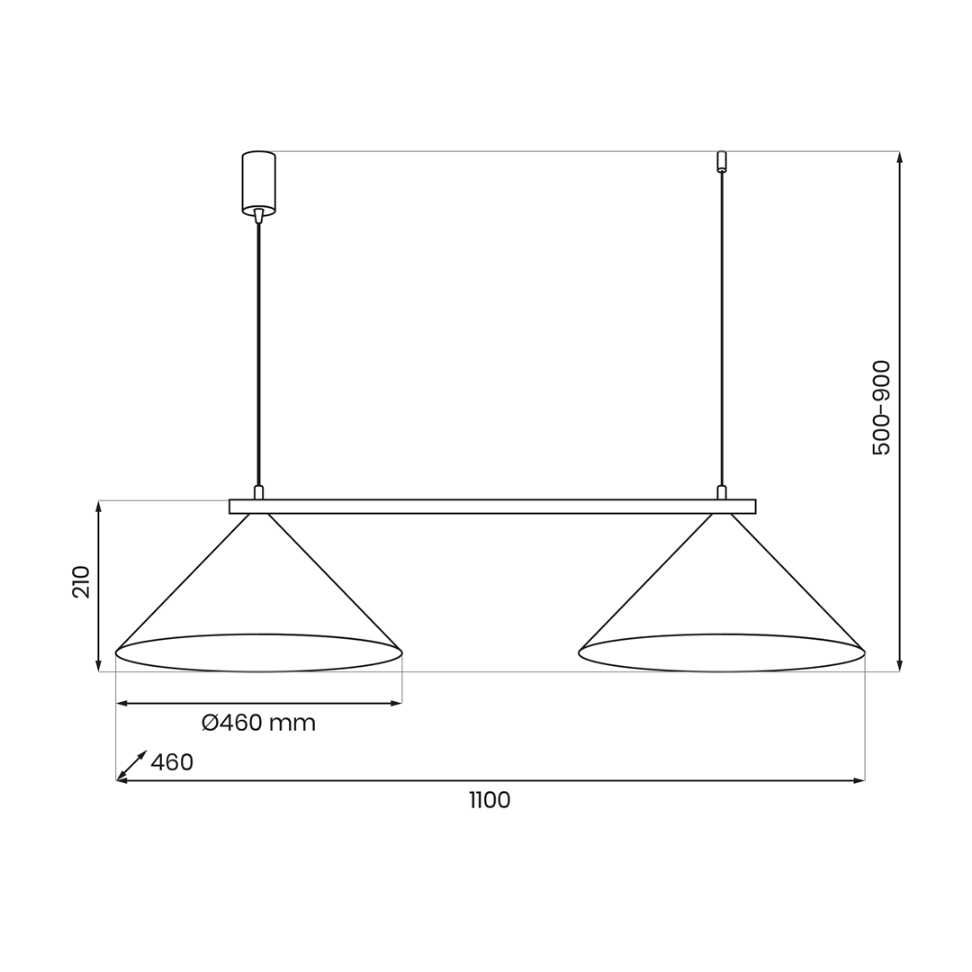 Czarna lampa wisząca Capital z dwoma kloszami w kształcie stożków w kolorze miedzi. Wymiary: długość 1100 mm, wysokość regulowana od 500 do 900 mm, średnica kloszy 460 mm. Stalowa konstrukcja z eleganckimi detalami.