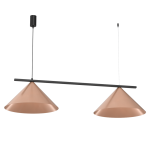 Czarna lampa wisząca Capital z dwoma miedzianymi kloszami w kształcie stożka, zawieszona na cienkim czarnym przewodzie. Prosty, nowoczesny design z metalowym stelażem, idealna do jadalni lub kuchni.