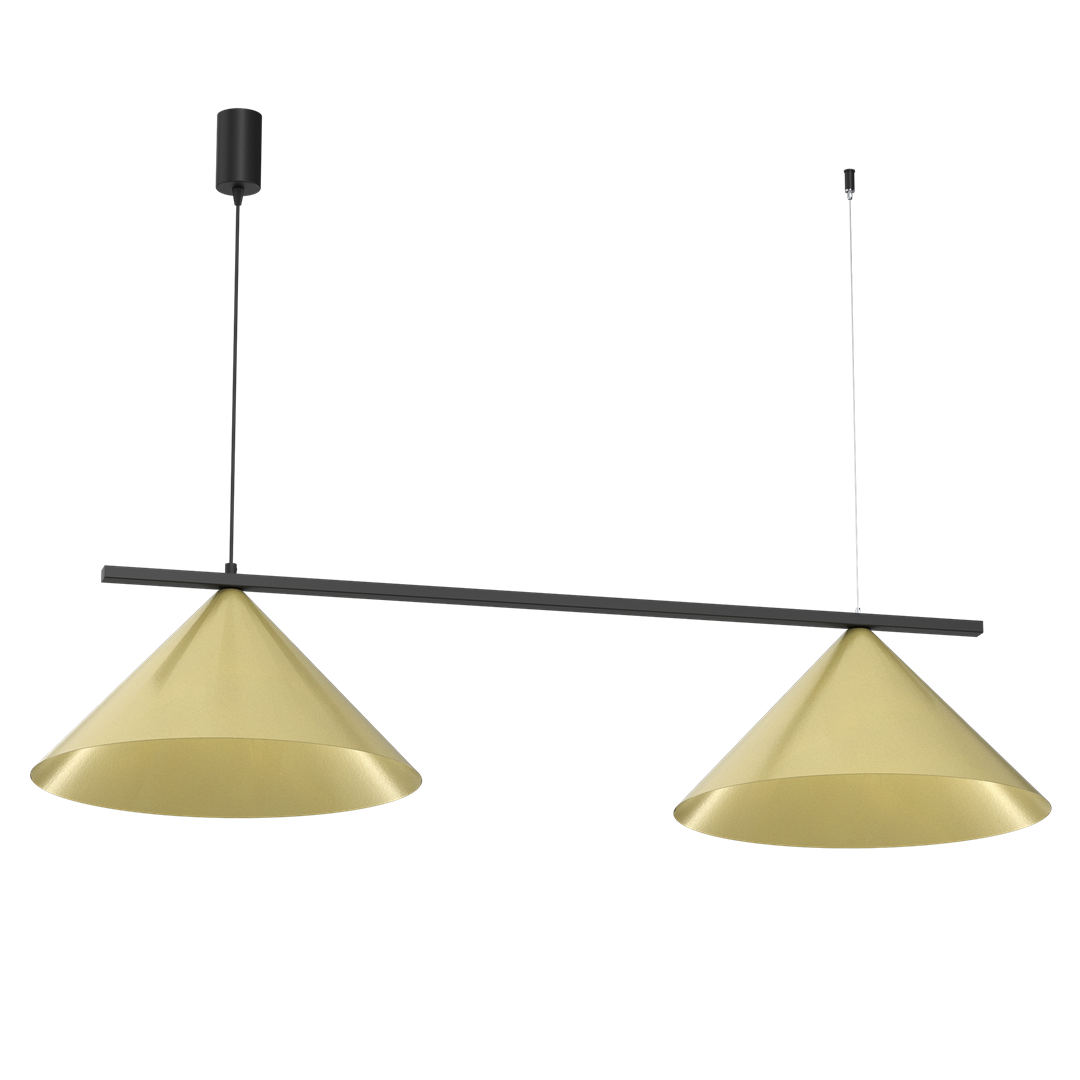 Lampa wisząca Capital 2xGX53 w kolorze czarnym i złotym. Dwa stożkowe klosze w złotym kolorze zawieszone na czarnym stelażu, montowana na suficie. Klosze mają gładką, błyszczącą powierzchnię, co podkreśla nowoczesny design.