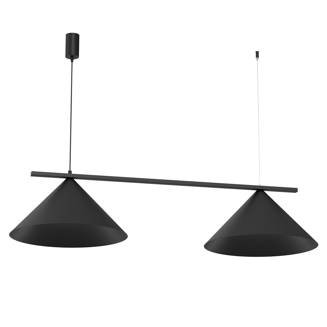 Lampa wisząca Capital w kolorze czarnym z dwiema stożkowymi osłonami. Ułożona poziomo na metalowym stelażu, zawieszona na cienkich przewodach. Stylowy design, idealna do nowoczesnych wnętrz.