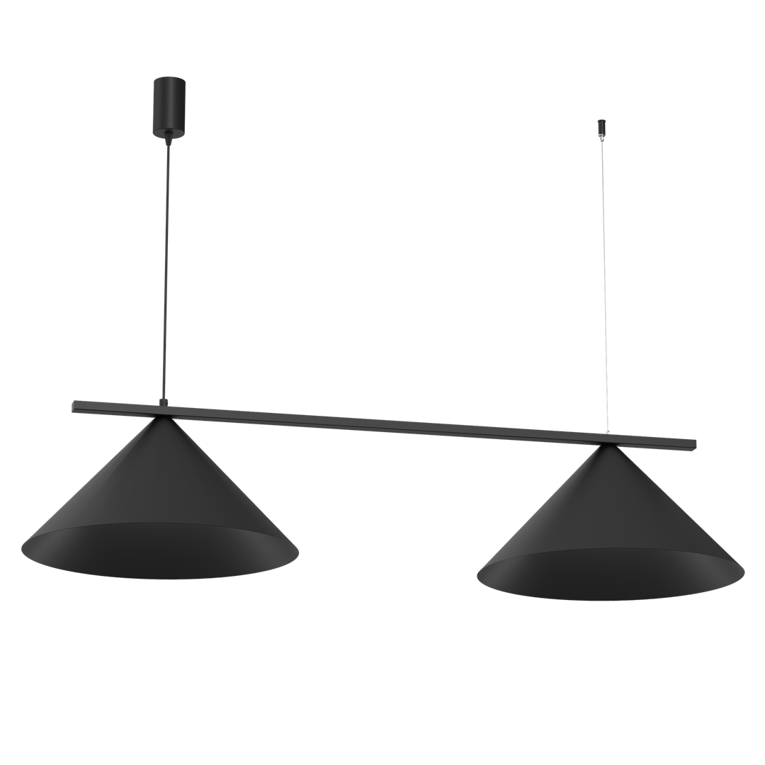 Lampa wisząca Capital 2xGX53 w kolorze czarnym, o dwóch stożkowych kloszach zawieszonych na metalowej listwie. Produkt wisi pod kątem, z długimi przewodami do montażu sufitowego. Prosta, nowoczesna forma, idealna do minimalistycznych wnętrz.