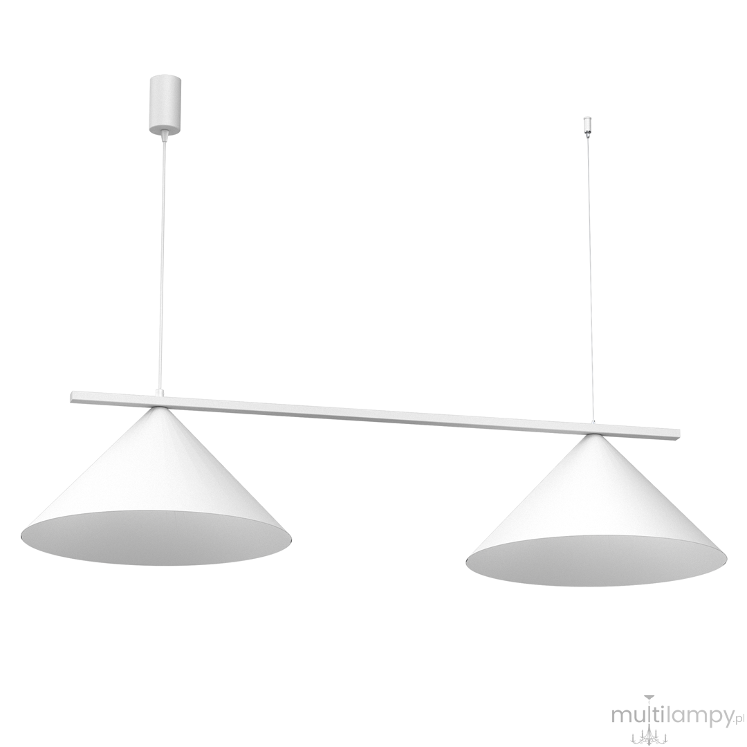 Lampa wisząca Capital 2xGX53 w kolorze białym, z dwiema stożkowymi kloszami oraz prostą, poziomą belką. Produkt zawieszony na cienkim przewodzie, idealny do nowoczesnych wnętrz.