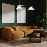 Lampa wisząca Capital 2xGX53 w kolorze białym, z dwoma stożkowymi kloszami, zawieszona na cienkim, białym stelażu. Widok z przodu, w nowoczesnym wnętrzu z zieloną ścianą, pomarańczową sofą i drewnianą podłogą.