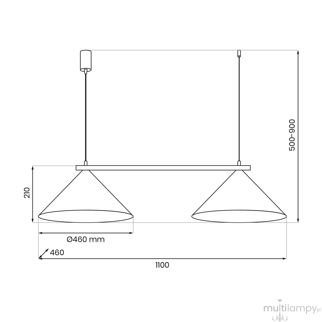 Lampa wisząca Capital 2xGX53 w kolorze białym, z dwoma stożkowymi kloszami o średnicy 460 mm. Wymiary: długość 1100 mm, wysokość regulowana od 500 do 900 mm. Prosty, nowoczesny design, zawieszona na cienkich linkach.