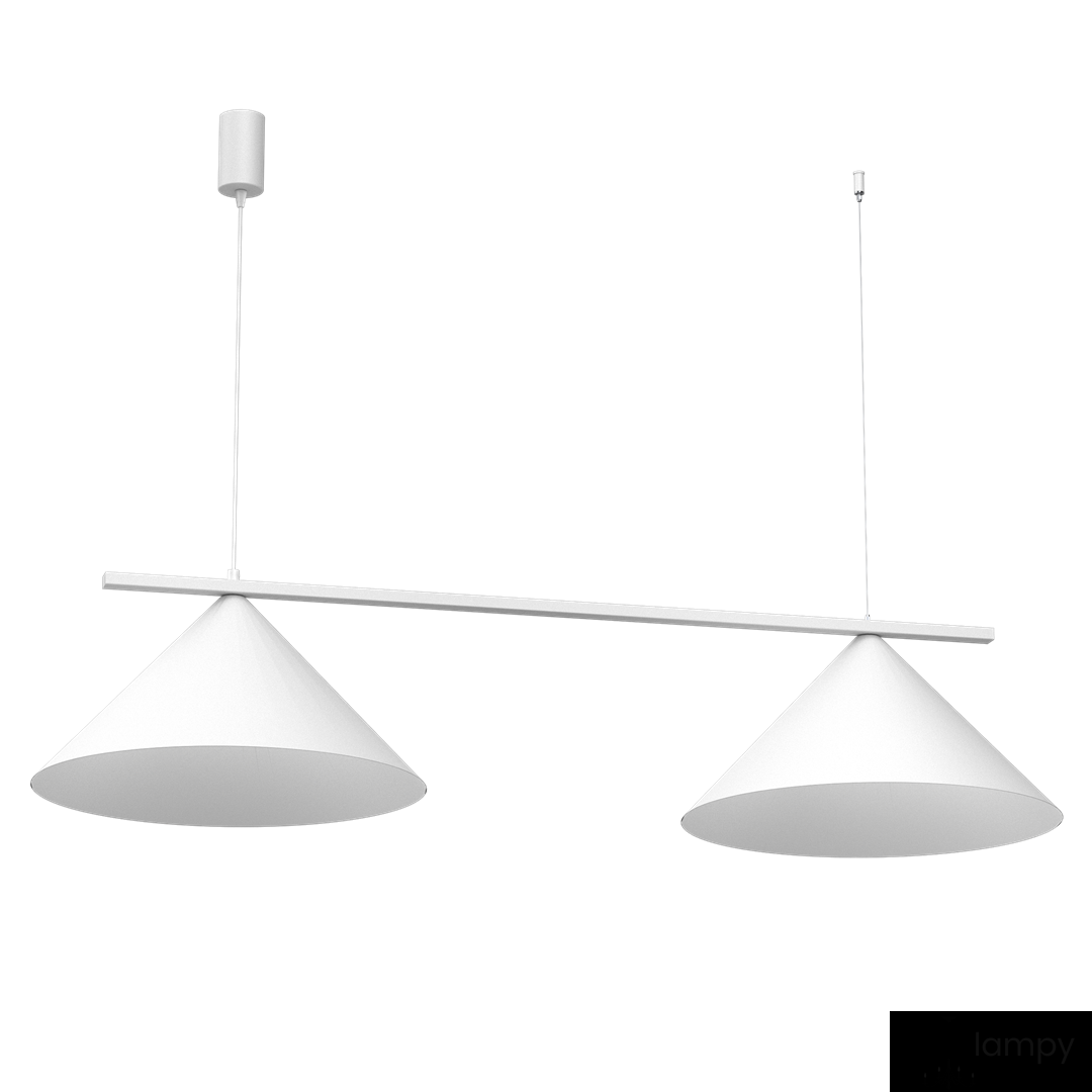 Biała lampa wisząca Capital z dwoma kloszami w kształcie stożków, zawieszona na cienkim, prostokątnym stelażu. Klosze wykonane z matowego materiału, zawieszenie z regulacją wysokości. Prosta, nowoczesna forma.