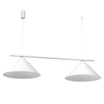 Biała lampa wisząca Capital z dwoma kloszami w kształcie stożków, zawieszona na cienkim, prostokątnym stelażu. Klosze wykonane z matowego materiału, zawieszenie z regulacją wysokości. Prosta, nowoczesna forma.