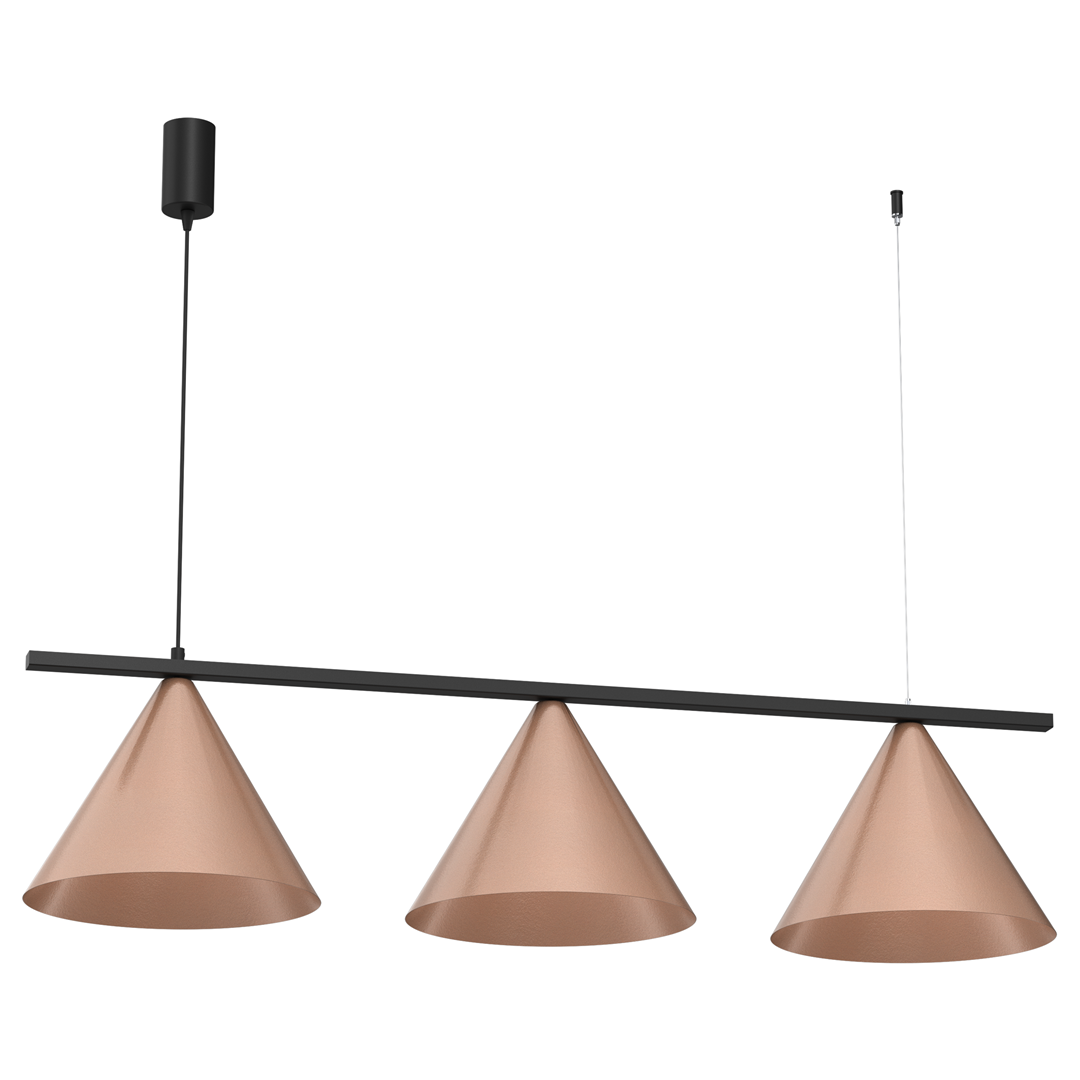 Lampa wisząca Capital 3xGX53 w kolorze czarnym i miedzianym, z trzema stożkowymi kloszami zawieszonymi na czarnym stelażu. Klosze mają matową powierzchnię, a lampa wisi na cienkim przewodzie. Prosta, nowoczesna forma.