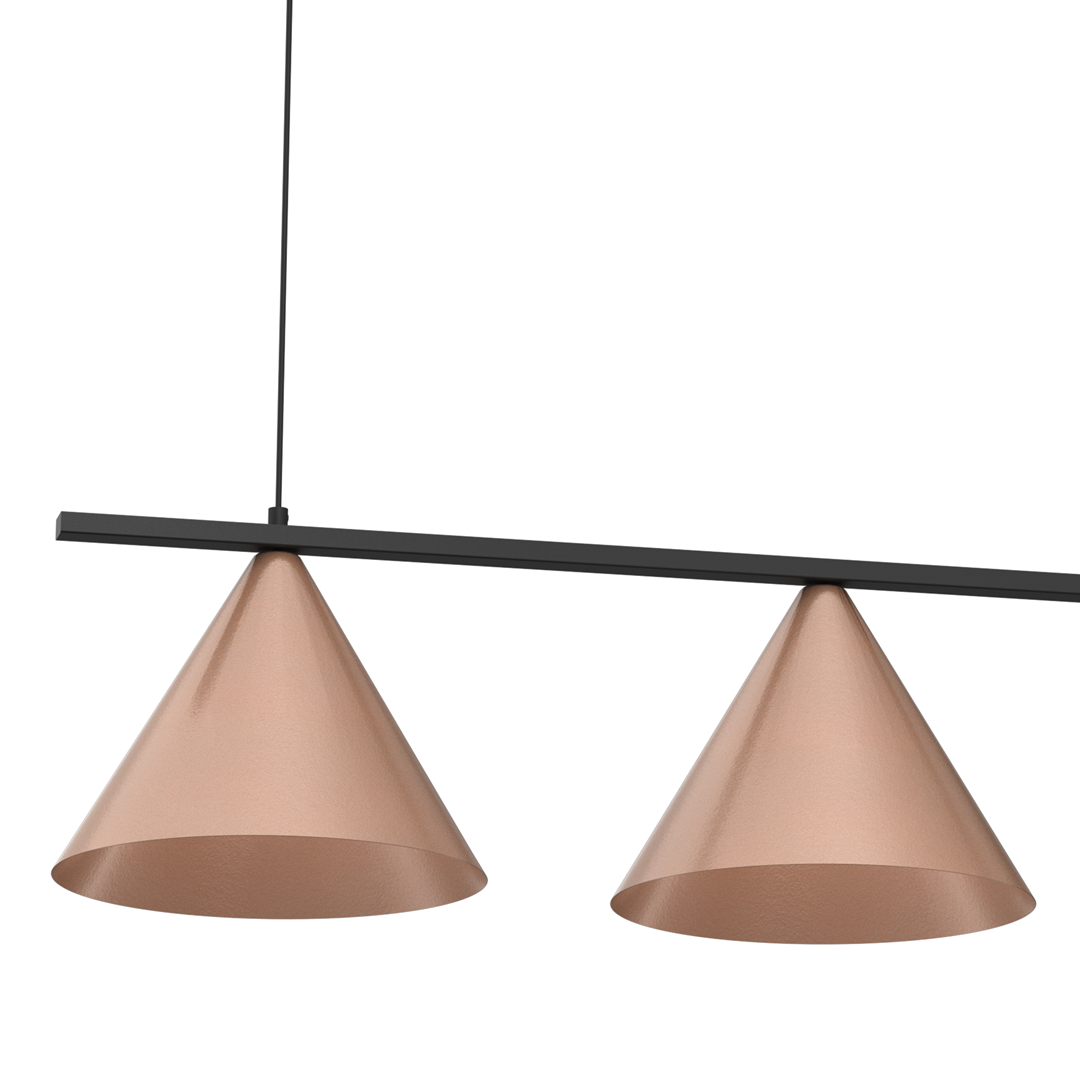 Lampa wisząca Capital w kolorze czarnym i miedzi, z trzema stożkowymi kloszami. Klosze mają błyszczącą powierzchnię, a całość zawieszona jest na cienkim, czarnym przewodzie. Produkt ukazany z przodu, w pozycji wiszącej.