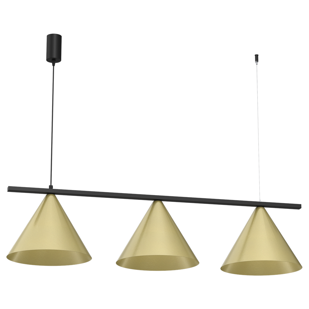 Lampa wisząca Capital 3xGX53 w kolorze czarnym i złotym. Trzy stożkowate klosze w złotym odcieniu zawieszone na czarnej, prostokątnej ramie. Długi przewód wisi z sufitu, nadając nowoczesny wygląd.
