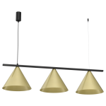 Lampa wisząca Capital 3xGX53 w kolorze czarnym i złotym. Trzy stożkowate klosze w złotym odcieniu zawieszone na czarnej, prostokątnej ramie. Długi przewód wisi z sufitu, nadając nowoczesny wygląd.