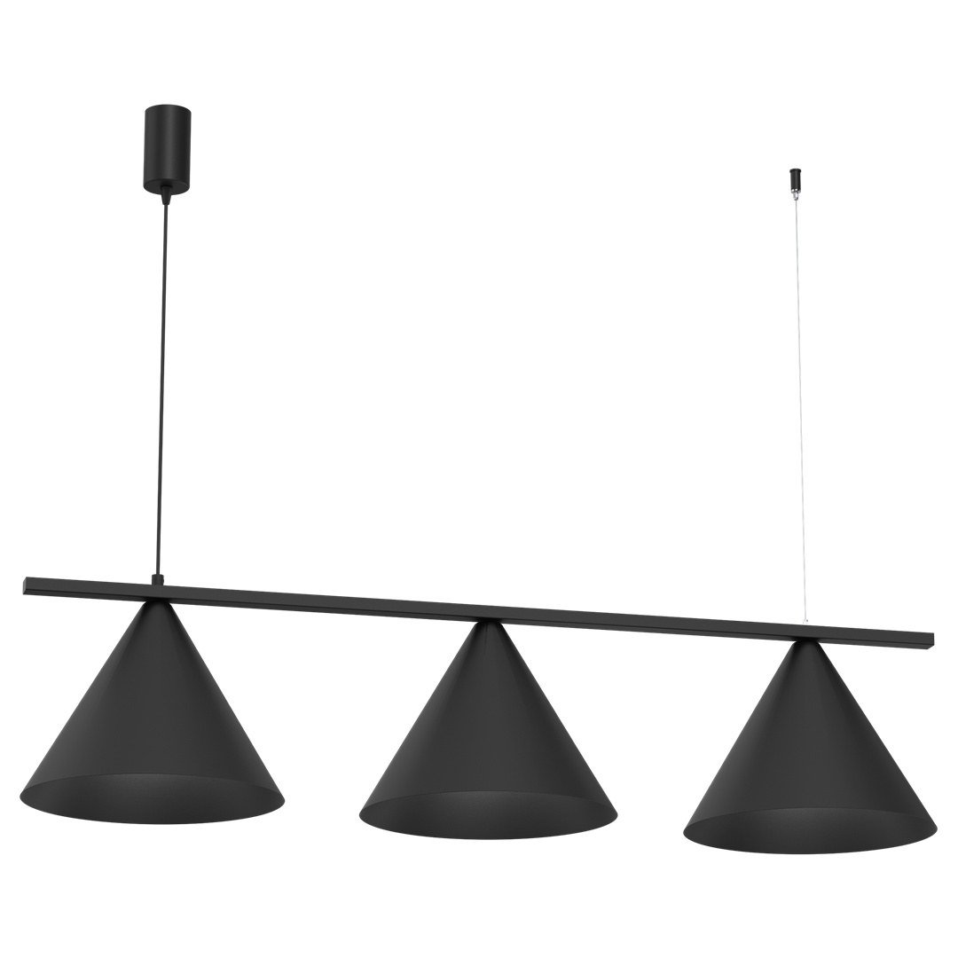 Czarna lampa wisząca Capital z trzema kloszami w kształcie stożków, zawieszona na prostokątnej belce. Klosze wykonane z matowego materiału, montowana na długim przewodzie. Idealna do nowoczesnych wnętrz.