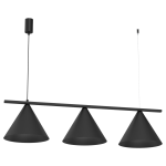 Czarna lampa wisząca Capital z trzema kloszami w kształcie stożków, zawieszona na prostokątnej belce. Klosze wykonane z matowego materiału, montowana na długim przewodzie. Idealna do nowoczesnych wnętrz.