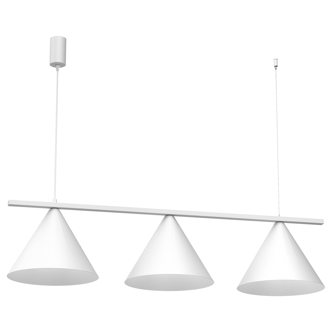 Lampa wisząca Capital z trzema kloszami w kształcie stożków, wykonana w białym kolorze. Zawieszona na prostym metalowym stelażu. Klosze umieszczone są na poziomej belce, co nadaje nowoczesny wygląd. Idealna do nowoczesnych wnętrz.