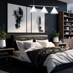 Lampa wisząca Capital 3xGX53 w białym kolorze z trzema stożkowymi kloszami, zawieszona nad łóżkiem w sypialni. W tle widoczne nowoczesne obrazy oraz roślinność w doniczce na komodzie. Ciemne ściany tworzą kontrast z jasnym oświetleniem.