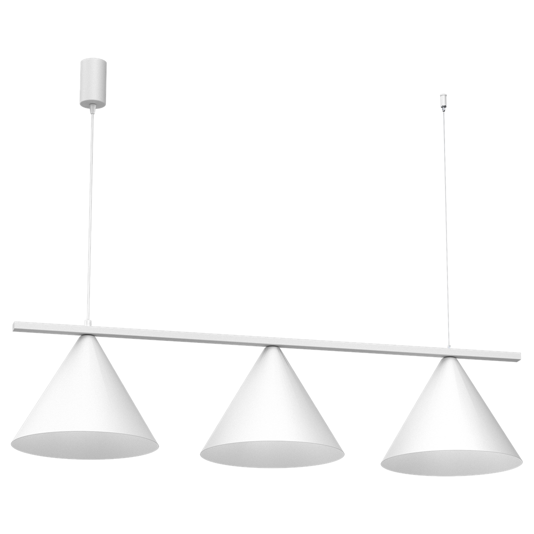 Lampa wisząca Capital w kolorze białym z trzema stożkowymi kloszami, zawieszona na prostej belce. Klosze mają matową powierzchnię, a całość zawieszona jest na cienkim przewodzie. Idealna do nowoczesnych wnętrz.