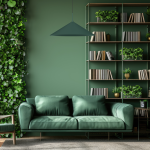 Lampa wisząca Capital D60 w butelkowej zieleni, z jedną oprawą GX53, zawieszona nad zielonym sofą. W tle regał z książkami i roślinami w aranżacji na jednolitym zielonym tle.