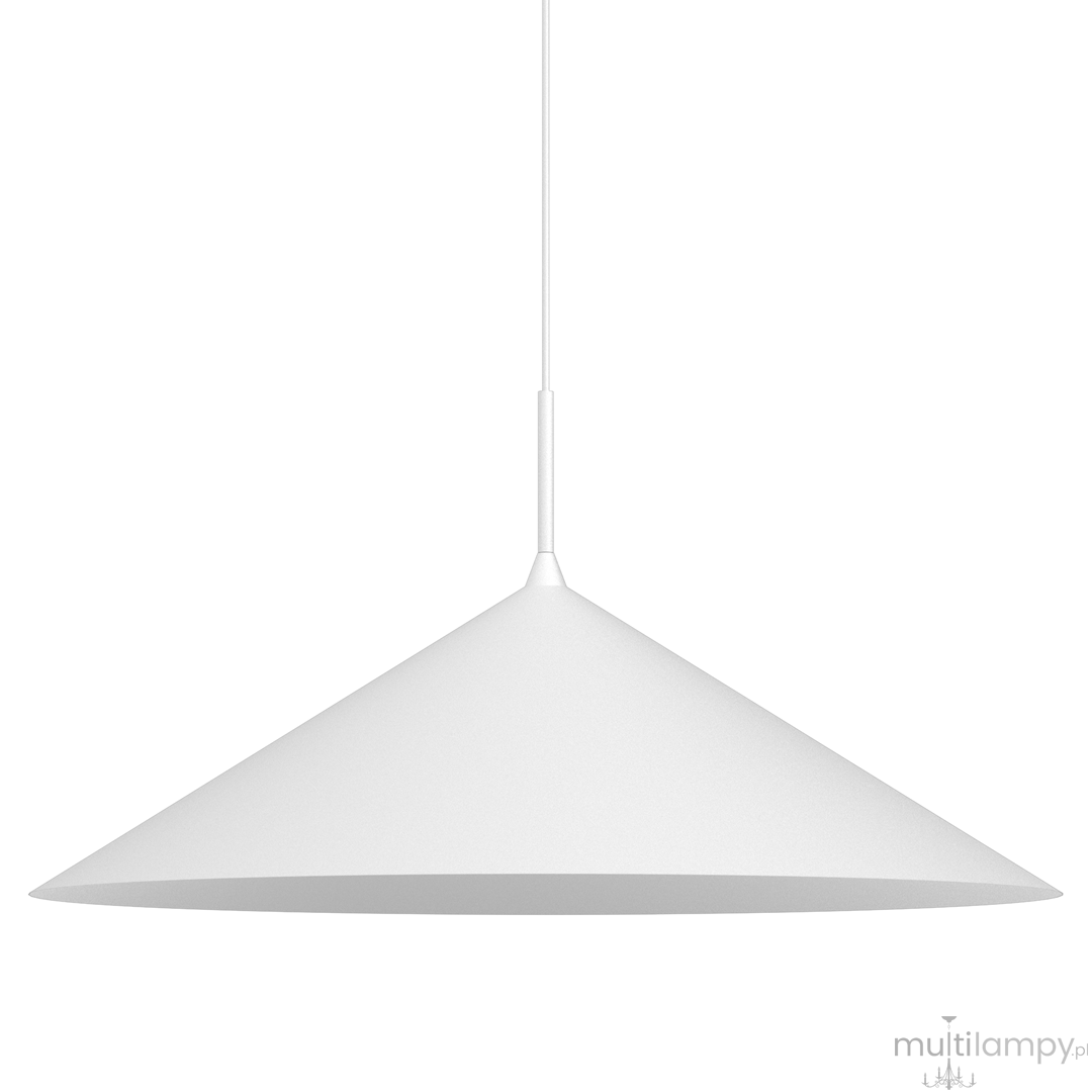 Lampa wisząca Capital D60 w kolorze białym, o kształcie stożkowym. Zawieszona na cienkim przewodzie, z miejscem na żarówkę GX53. Prosta, minimalistyczna forma, idealna do nowoczesnych wnętrz. Tło zdjęcia jest jednolite.