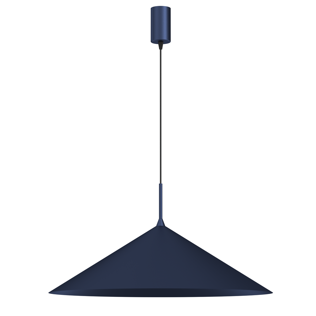 Granatowa lampa wisząca Capital D60 z oprawą na jedną żarówkę GX53. Posiada stożkowy kształt, metalową konstrukcję i czarny przewód. Ujęcie frontalne, zawieszona na długim kablu, na białym tle.
