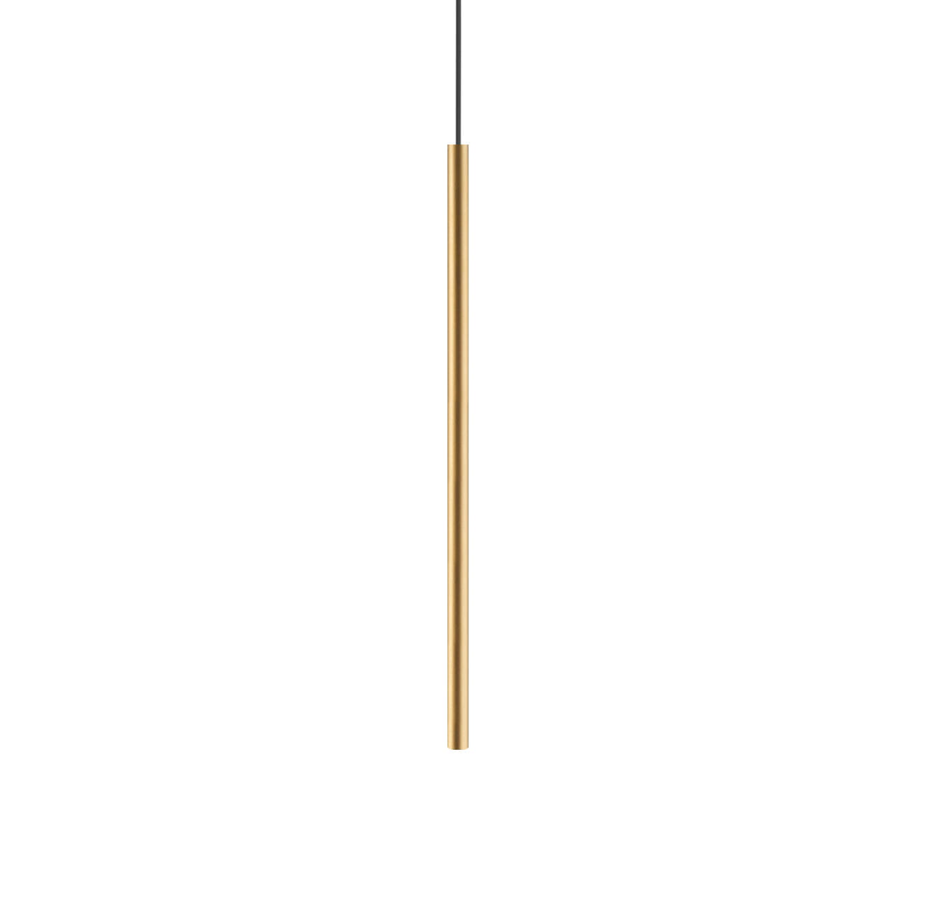 Lampa wisząca Laser 75 z jedną oprawą G9, o smukłej, złotej konstrukcji, zawieszona na cienkim, czarnym przewodzie. Prosty, nowoczesny design, idealna do minimalistycznych wnętrz.