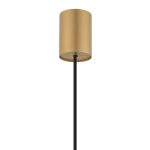 Lampa wisząca Laser 100 z metalowym kloszem w kolorze złotym, zawieszona na czarnym przewodzie. Klosz ma cylindryczny kształt, z gniazdem na żarówkę G9. Prosta konstrukcja, idealna do nowoczesnych wnętrz.