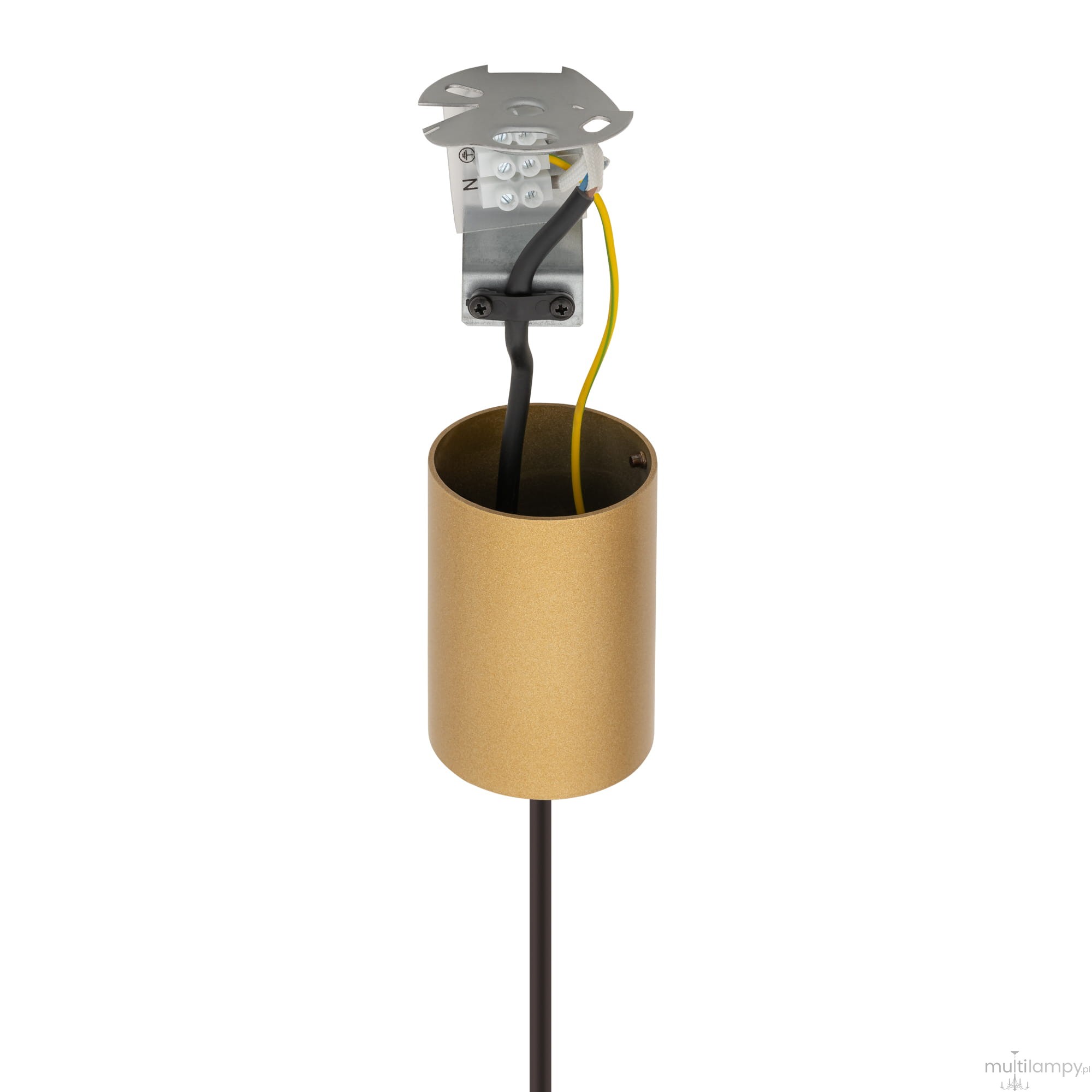 Lampa wisząca Laser 100 w kolorze złotym, z metalowym kloszem w formie cylindra. Widoczne przewody elektryczne w środku oraz mocowanie na górze. Produkt zawiera gniazdo na żarówkę G9. Ujęcie z góry, na białym tle.