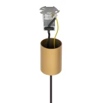 Lampa wisząca Laser 100 w kolorze złotym, z metalowym kloszem w formie cylindra. Widoczne przewody elektryczne w środku oraz mocowanie na górze. Produkt zawiera gniazdo na żarówkę G9. Ujęcie z góry, na białym tle.