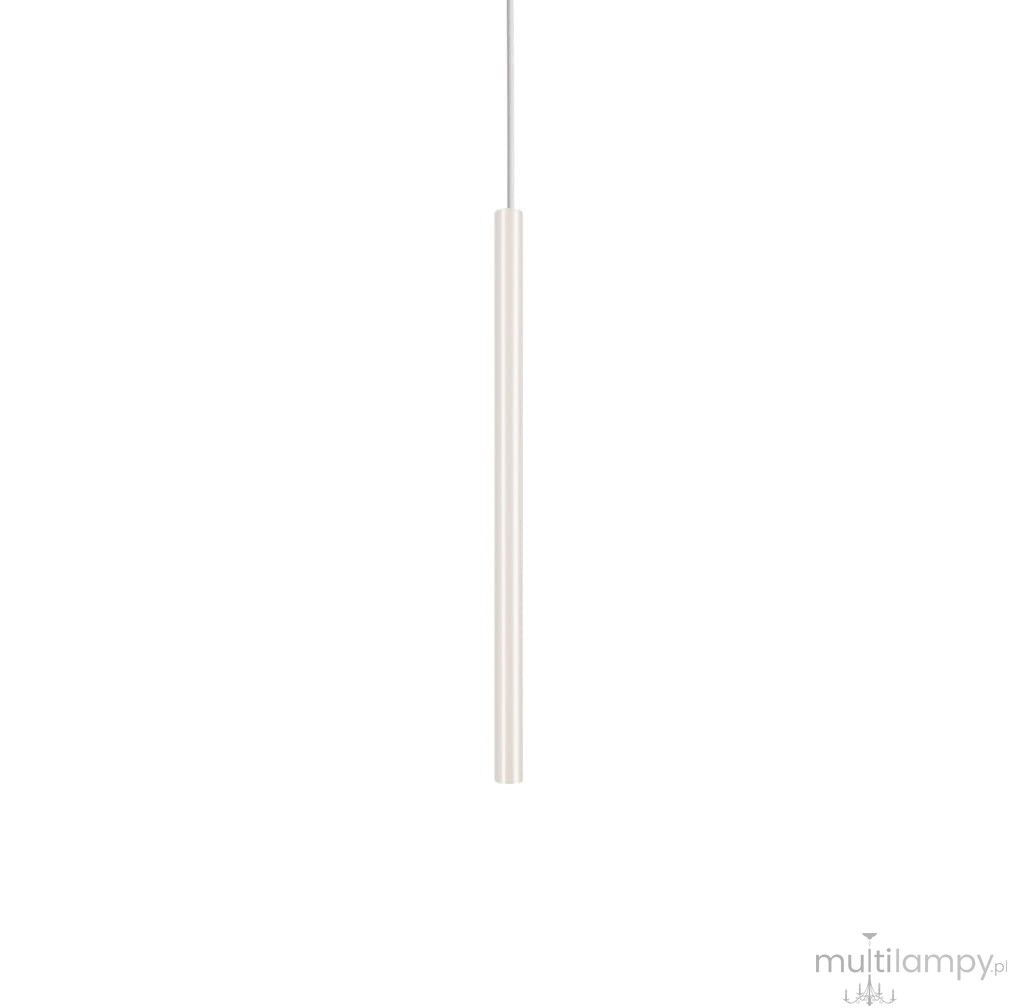 Biała lampa wisząca Laser 49 z oprawą na 1 żarówkę G9, w formie smukłego, prostokątnego słupka. Zawieszona na cienkim przewodzie, minimalistyczny design, idealna do nowoczesnych wnętrz.