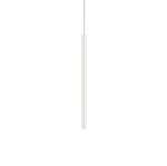 Biała lampa wisząca Laser 49 z oprawą na 1 żarówkę G9, w formie smukłego, prostokątnego słupka. Zawieszona na cienkim przewodzie, minimalistyczny design, idealna do nowoczesnych wnętrz.