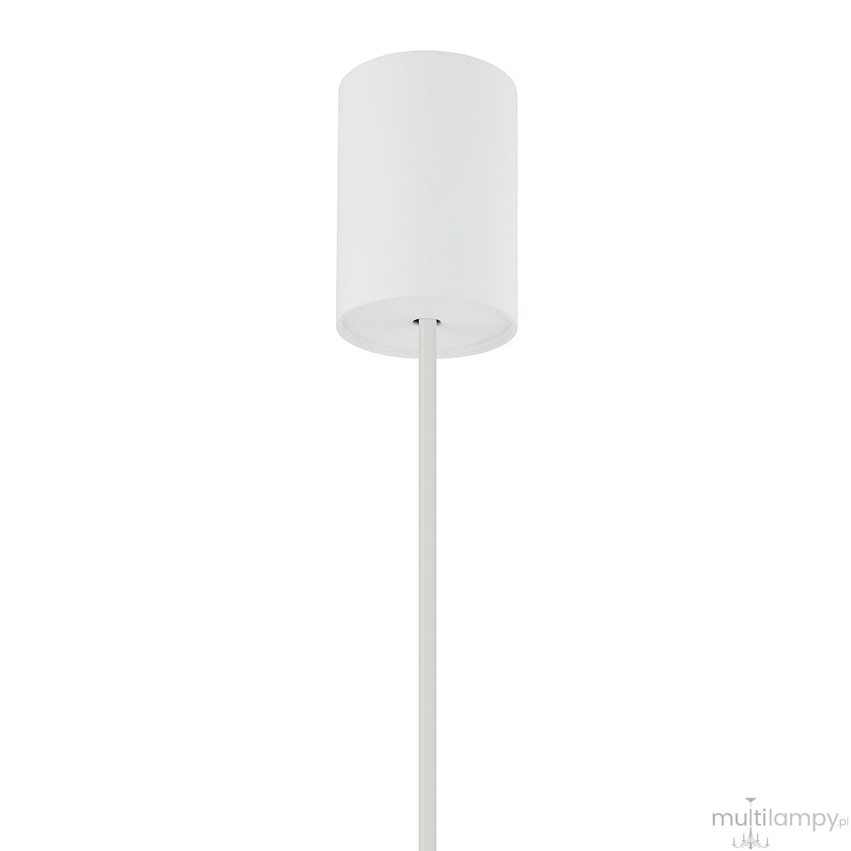 Lampa wisząca Laser 49, biała, z cylindrycznym kloszem i długim, prostym przewodem. Klosz wykonany z materiału, przeznaczona do żarówki G9. Produkt zawieszony prosto, na jednolitym tle.