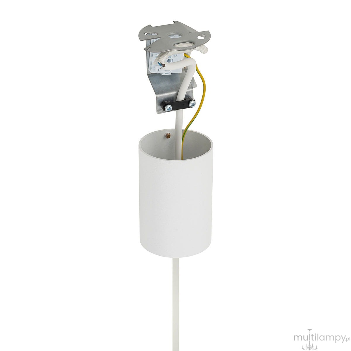 Lampa wisząca Laser 49 w kolorze białym, z metalowym mocowaniem i przewodami, przeznaczona do żarówki G9. Ujęcie z góry, pokazujące cylindryczną podstawę i zamocowanie. Prosta konstrukcja, idealna do nowoczesnych wnętrz.