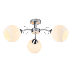 Lampa sufitowa Oslo 3xE27 w kolorze chromu i bieli, z trzema kulistymi kloszami z mlecznego szkła. Ujęcie frontalne, z zamontowanym mocowaniem. Elegancki design z delikatnymi detalami, idealna do nowoczesnych wnętrz.