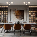 Lampa sufitowa Oslo z trzema żarówkami E27 w kolorze chromu i białym, umieszczona w nowoczesnym wnętrzu. Wisi na suficie nad stołem, otoczona przez designerskie krzesła w odcieniu pomarańczowym i stylową dekorację.