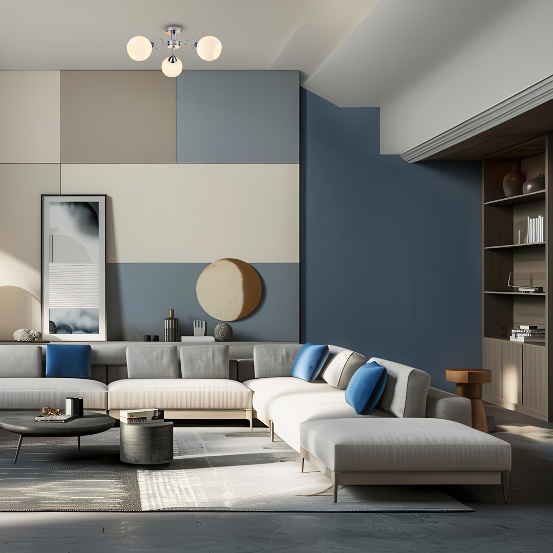 Lampa sufitowa Oslo 3xE27 w chromowanym wykończeniu z białymi kloszami, umieszczona na tle nowoczesnego wnętrza z niebieskimi i neutralnymi ścianami. Produkt zamontowany na suficie, równomiernie oświetlający przestrzeń.