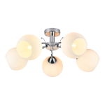 Lampa sufitowa Oslo z pięcioma kloszami w kolorze białym, wykonana z matowego szkła, zawieszona na chromowanej podstawie. Klosze mają okrągły kształt, a lampa jest zamontowana na suficie w centralnej pozycji.