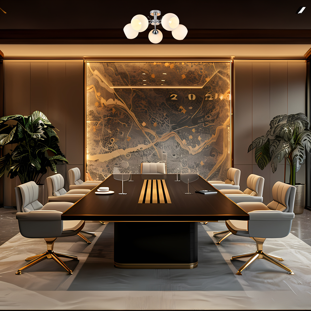 Lampa sufitowa Oslo 5xE27 w kolorze chromowym z białymi kloszami, montowana na suficie. Widoczna w eleganckim wnętrzu biura z dużym stołem konferencyjnym i wygodnymi krzesłami. Tło z dekoracyjną ścianą oraz roślinnością.