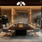 Lampa sufitowa Oslo 5xE27 w kolorze chromowym z białymi kloszami, montowana na suficie. Widoczna w eleganckim wnętrzu biura z dużym stołem konferencyjnym i wygodnymi krzesłami. Tło z dekoracyjną ścianą oraz roślinnością.